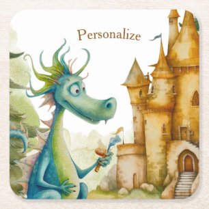 Cute Knight Dragon Castle Birthday Party Kids Square Paper Coaster