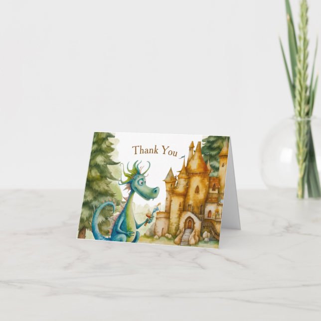 Cute Knight Dragon Castle Birthday Party Kids Thank You Card (Front)