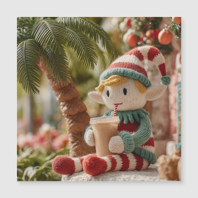 Cute Knitted Christmas Elf Drinking Iced Coffee (Front)