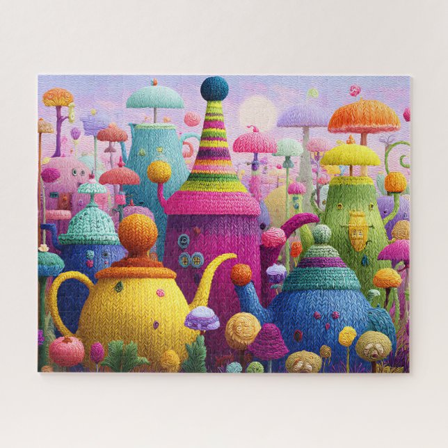 Cute Knitted Fantasy Whimsical Surreal Teapot Jigsaw Puzzle (Horizontal)