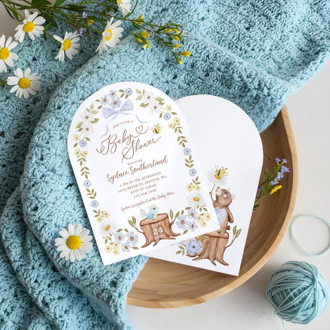 Cute Knitted Floral Woodland Bear Baby Boy Shower Invitation (Cute Knitted Floral Woodland Bear Baby Boy Shower Invitation)