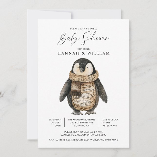 Cute Knitted Penguin Baby Shower Invitation (Front)