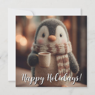 Cute Knitted Penguin Doll in Scarf Holding Mug Holiday Card
