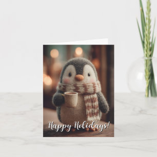 Cute Knitted Penguin Doll in Scarf Holding Mug Holiday Card