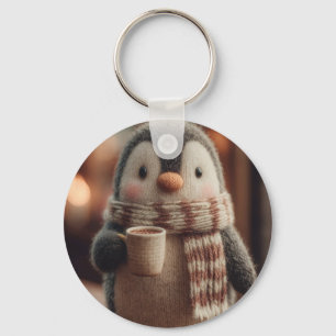 Cute Knitted Penguin Doll in Scarf Holding Mug Key Ring