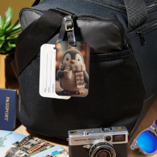 Cute Knitted Penguin Doll in Scarf Holding Mug Luggage Tag