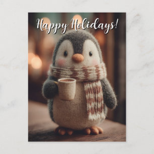 Cute Knitted Penguin Doll in Scarf Holding Mug Postcard