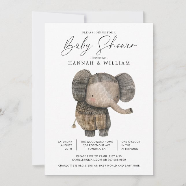 Cute Knitted Safari Elephant Baby Shower Invitation (Front)