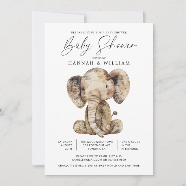Cute Knitted Safari Elephant Baby Shower Invitation (Front)