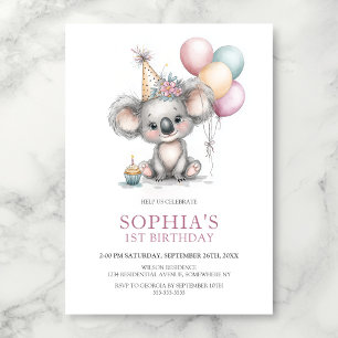 Cute Koala 1st Birthday Party Invitation