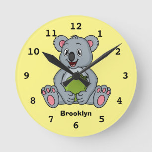 Cute koala and coconut cartoon illustration round clock