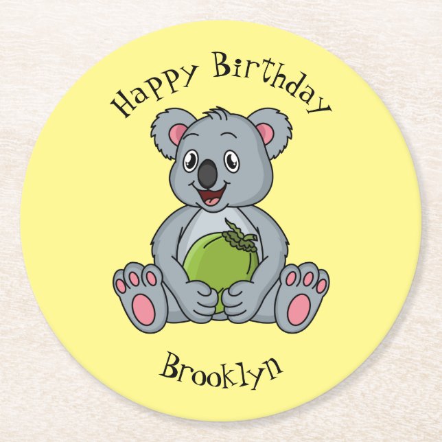 Cute koala and coconut cartoon illustration  round paper coaster (Front)