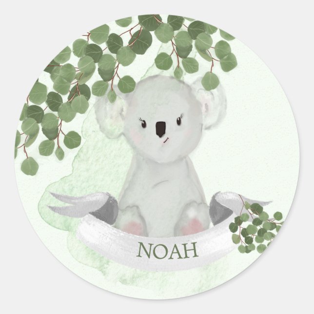 Cute Koala Baby Animal Green Leaves Border Classic Round Sticker (Front)