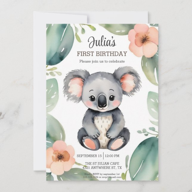 Cute Koala Baby Birthday Invitation (Front)