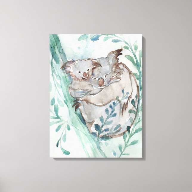  Cute Koala & Baby Watercolor Neutral Nursery Teal Canvas Print (Front)