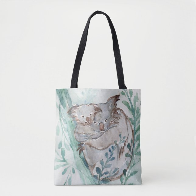  Cute Koala & Baby Watercolor Neutral Nursery Teal Tote Bag (Front)