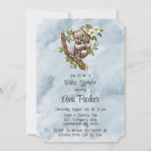 Cute Koala Bear Blue Painted Baby Shower Invitation