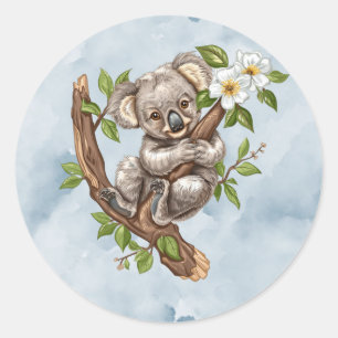 Cute Koala Bear Blue Watercolor Baby Shower Classic Round Sticker
