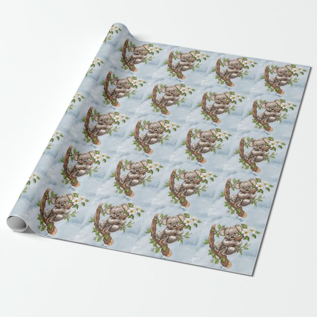Cute Koala Bear Blue Watercolor Baby Shower Wrapping Paper (Unrolled)