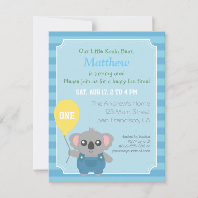 Cute Koala Bear Boy Birthday Party Invitation (Front)