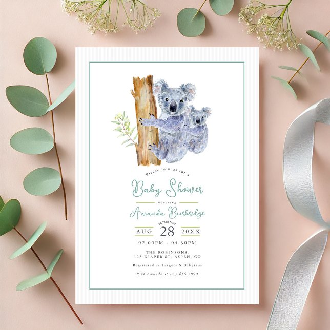 Cute Koala Bear Eucalyptus Leaves Baby Shower Invitation (Cute Koala Bear Eucalyptus Leaves Baby Shower Invitation)