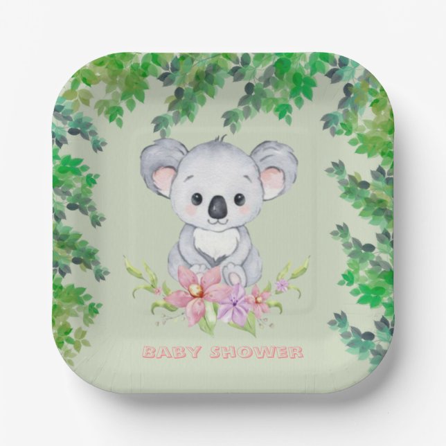 Cute Koala Bear Girl Baby Shower Paper Plate (Front)