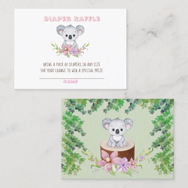 Cute Koala Bear Girl Diaper Raffle Baby Shower Business Card (Front/Back)