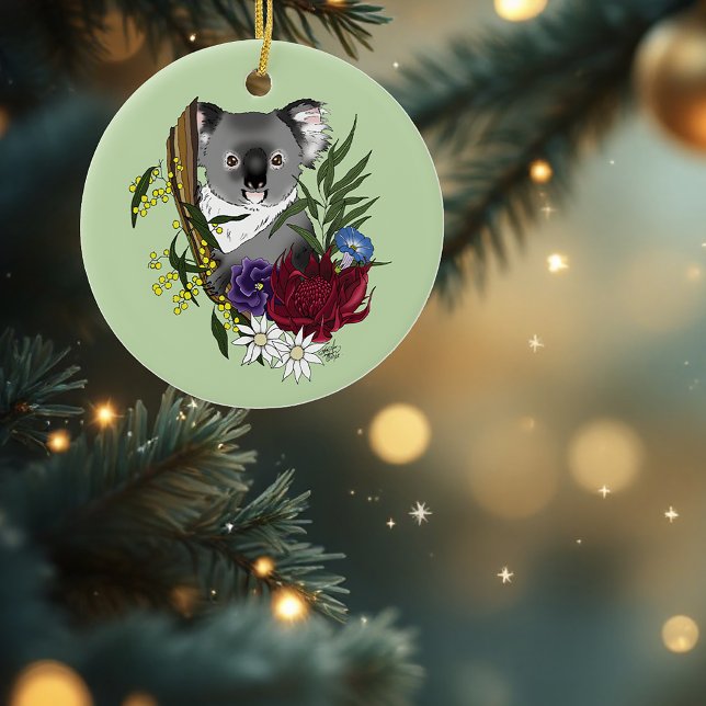 Cute Koala Bear Green Australian Wildlife Floral Ceramic Tree Decoration (Creator Uploaded)