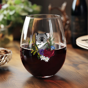 Cute Koala Bear Green Australian Wildlife Floral Stemless Wine Glass