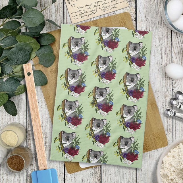 Cute Koala Bear Green Australian Wildlife Floral Tea Towel (Creator Uploaded)