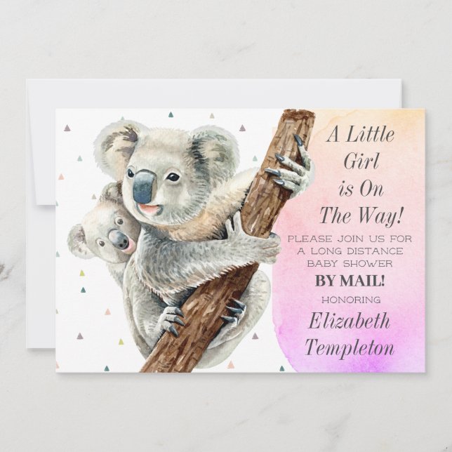 Cute Koala Bear It's a Girl Baby Shower By Mail Invitation (Front)