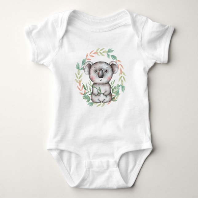 Cute Koala Bear Leaf Wreath Baby Bodysuit (Front)