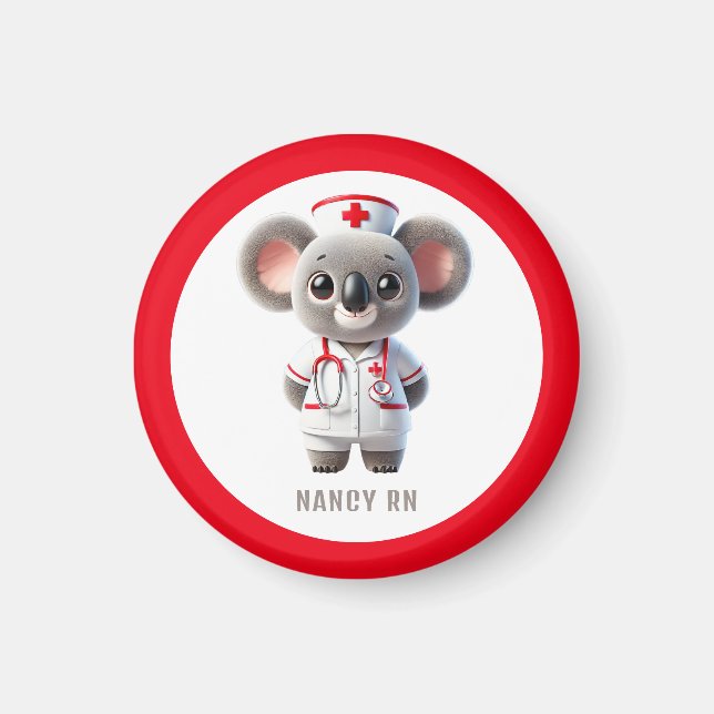 Cute Koala Bear Nurse with Red Stethoscope Magnet (Front)