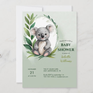 Cute Koala Bear Watercolor Green Baby Shower Invitation