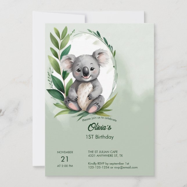 Cute Koala Bear Watercolor Green Birthday Invitation (Front)