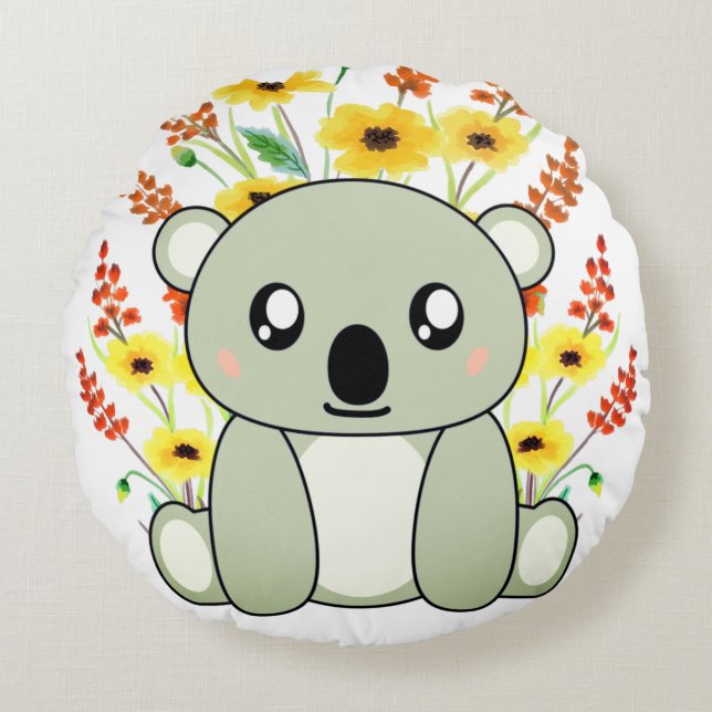 Cute Koala Bear with Flowers  Round Cushion (Front)