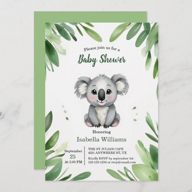 Cute Koala Bear with Green Leaves Baby Shower Invitation (Front/Back)