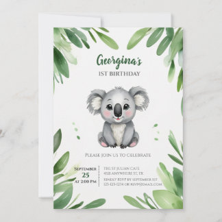 Cute Koala Bear with Green Leaves First Birthday Invitation