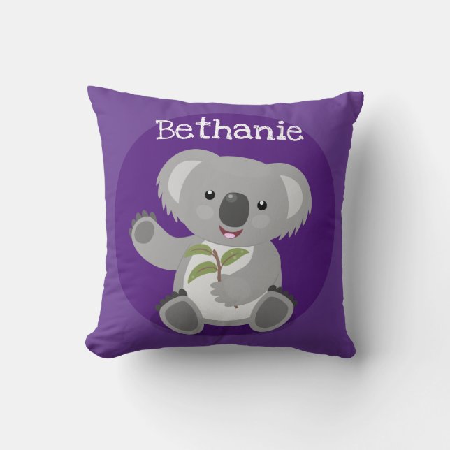 Cute koala bear with leaves cartoon illustration cushion (Front)