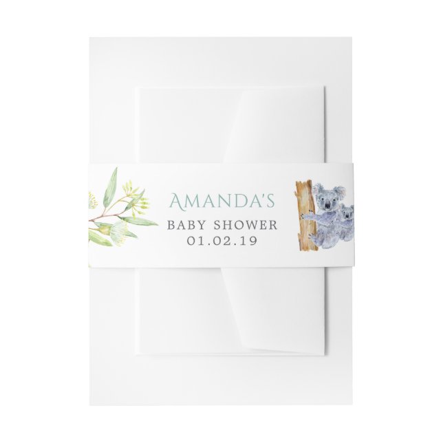 Cute Koala Bears Eucalyptus Leaves Baby Shower Invitation Belly Band (Front Example)