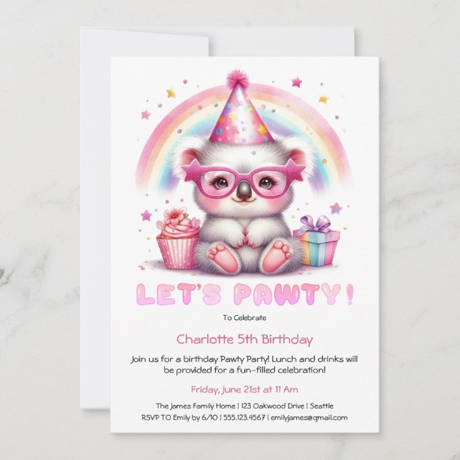 Cute Koala Birthday Party Invitation – Let’s Celeb (Front)