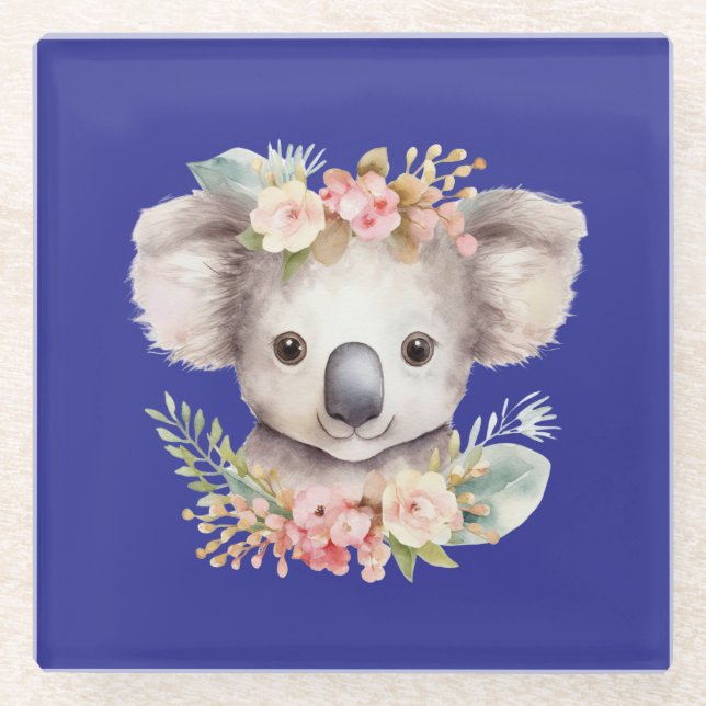 Cute Koala Blue Glass Coaster (Front)