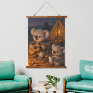 Cute Koala Campfire Guitar Night Family Camping Hanging Tapestry