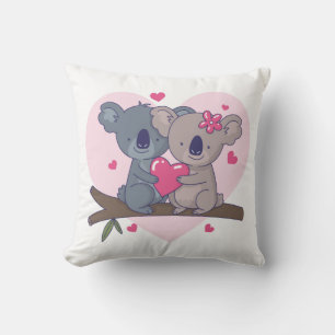 Cute Koala Couple with Red Heart Cushion