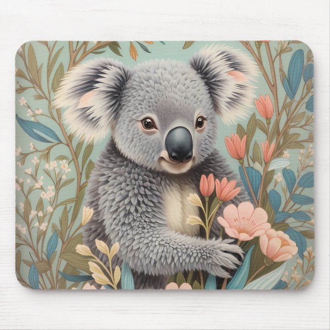 Cute Koala Elegant Pastel Floral Mouse Pad (Front)