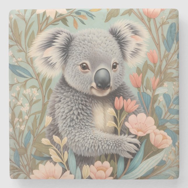 Cute Koala Elegant Pastel Floral Stone Coaster (Front)