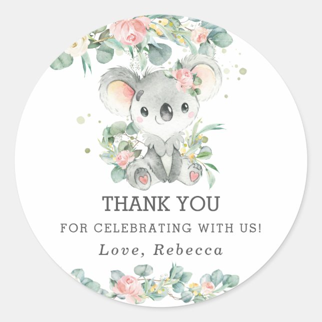 Cute Koala Eucalyptus Pink Floral Thank You Favour Classic Round Sticker (Front)
