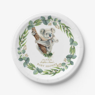 Cute Koala Eucalyptus Wreath Girl Baby Shower Paper Plate