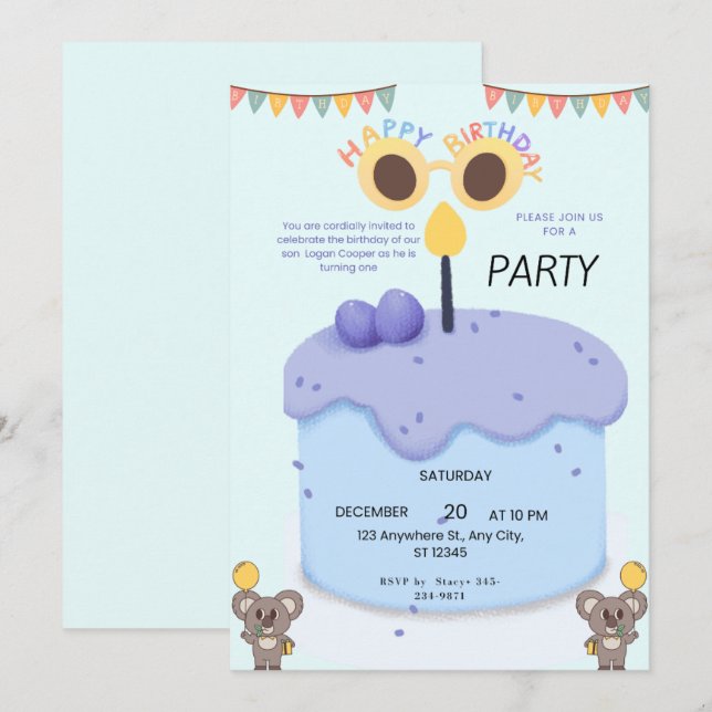 Cute Koala First Birthday Invitation - Customizabl (Front/Back)