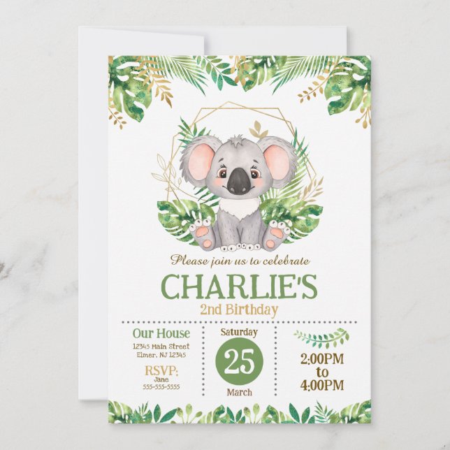 Cute Koala Floral Sage Greenery 2nd Birthday Invitation (Front)